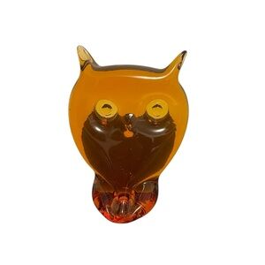 Viking Glass Amber Glass Owl Figurine Paperweight Hand-Blown Mid-Century Vintage
